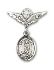 Sterling Silver Baby Badge with St. Victor of Marseilles Charm and Angel with Wings Badge Pin