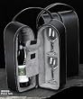 Black Leather Wine Carrier Caddy Bag w/ Two Glasses,Stopper/Opener -Nice Bar Set