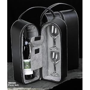 Black Leather Wine Carrier Caddy Bag w  Two Glasses,Stopper Opener -Nice Bar Set