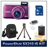 Canon PowerShot SX210 IS Digital Camera (Purple) 4247B001, 14.1 Megapixel, 14x 28-392 mm (IS) Zoom, 3.0 LCD, 720p HD Video with Stereo Sound, DIGIC 4 Image Processor, 8 GB Memory, Reader, Tripod, Case, & Lens Cleaner