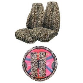 5 Piece Safari Animal Print Auto Interior Gift Set – 2 Cheetah Front Bucket Seat Covers, 1 Cheetah Steering Wheel Cover, and 2 Cheetah Shoulder Harness Pressure Relief Cover
