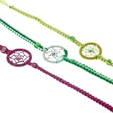 Dream Catcher Hand Woven Bracelets - Purple, Green/White, Leaf Green Color - Ideal Friendship Bracelets - 6" Length with 3" Entension - Sold in a set of 3
