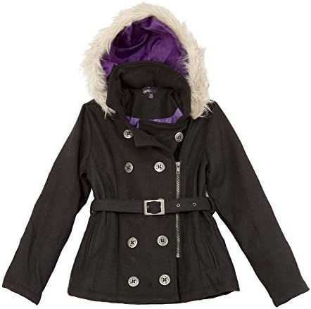 Girls Love Big Girls Wool Blend Coat with Faux Fur Trim Hood (7-16)