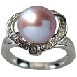 Sweet Heart Shaped Cubic Zirconia Ribbon Lavender Cultured Pearl Platinum Overlay Sterling Silver Ring
