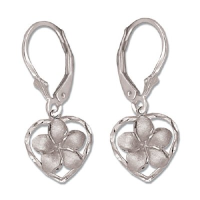 14K White Gold Lever Back Hawaiian Plumeria Flower Heart Earrings