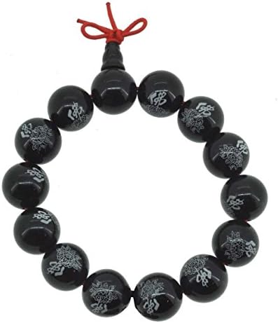 12mm Lotus Buddha Writing Black Lotus Bracelet, Wrist Mala