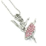 Gorgeous Pink Crystal Skirted Dancer Charm Necklace Silver Tone