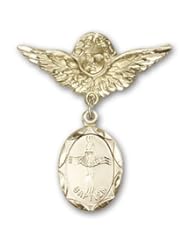 14kt Gold Baby Badge with Baptism Charm and Angel w/Wings Badge Pin