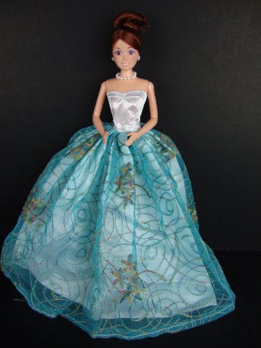 A Blue Ball Gown with Floral and Gold Details Made to Fit the Barbie Doll