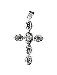 Sterling Silver Clear CZ Marcasite Cross Pendant Cute Charm Pure 925 New 40mm with 1mm Snake Chain