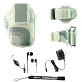 White Adjustable Deluxe Sportband / Workout Armband with Adaptable Neck Str ....