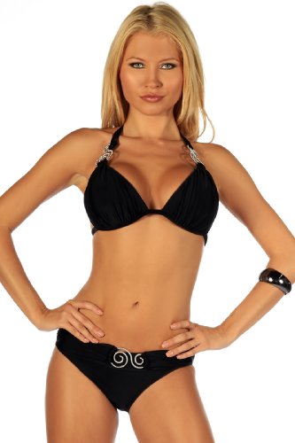 Black 'S' Ring Decoration Two Piece Halter Hot Beach Sexy Low Rise Bikini Swimsuit