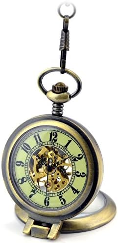 WENSHIDA Mens Skeleton Mechanical Bronze Tone Pocket Watch Chain Roman Luminous Lume Dial