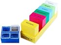 7 Deep Four Compartment Boxes. 7 Opaque Colors. Boxes in Yellow Tray. Lid Printed Morning. Noon. Evening. Bedtime.each Box Dimensions : Outside 2 1/2 X 2 1/4 X 1