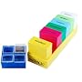 7 Deep Four Compartment Boxes. 7 Opaque Colors. Boxes in Yellow Tray. Lid Printed Morning. Noon. Evening. Bedtime.each Box Dimensions : Outside 2 1/2 X 2 1/4 X 1