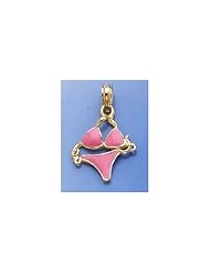 14k Gold Necklace Beach Charm Pendant, Pink Enamel Bikini Bathing Suit