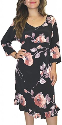 Romeo 4 Ever Women's Mid Length Ruffle Hem Long Sleeve Dress X-Large Black/Peach/Lilac Floral Print
