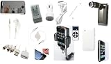 15-Piece White Accessory Kit for iPhone 3G - Stereo Earphone/Headphones, FM Radio Transmitter w/ Remote, Retractable 3.5mm Audio Cable, AV USB RCA Cable, Silver Stylus Pen, Emergency Battery Charger, White Leather Flip Case, Wall/Car/USB Charging Kit, 3x Mirror Screen Protectors, 3x Standard Clear Screen Protectors, Telescoping Camera Zoom