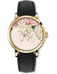 SPRAWL Aanalog Fashion Series Gold Ladies Watches of Genuine Black Leather Strap,Unique Wrist Watch for Women Girls Designed with White flowers and red petal