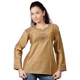 Brown Color Cotton Full Sleeve Handmade Embroidery Scoop Neck Designer Ladies Tunics Top by Arayanaya