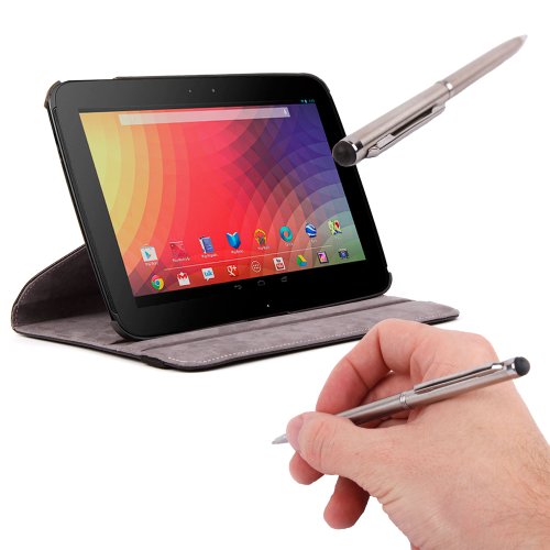 DURAGADGET Housse Etui Rotatif de Luxe en noir et support intégré pour Google Nexus 10 Tablette Android 4.2 Jellybean et Wi-fi - vue horizontale ET verticale + stylet tactile et stylo bille gris 2 en 1 BONUS - Garantie 5 ans