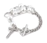 Cubic Zirconia Cz Cross Heart Sterling Silver Bracelet With Pearls