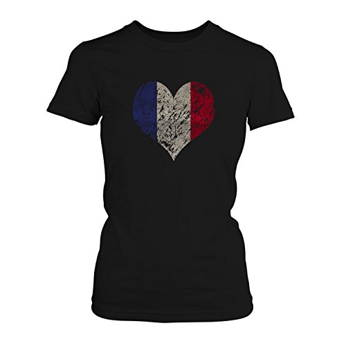 EM 2016 I Love France – Damen T-Shirt von Fashionalarm | Shirt für Fußball Fans | Print im Vintage Destroyed Used Look | Europameisterschaft Europameister Trikot Herz Frankreich, Farbe:schwarz;Größe:M