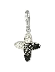 SilberDream Glitter Charm Swarowski Elements cross black and white ICE, 925 Sterling Silver Charms Pendant with Lobster Clasp for Charms Bracelet, Necklace or Earring GSC005