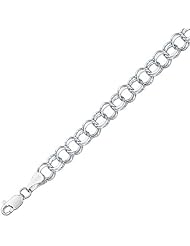 14K 08" White Gold Polish Diamond Cut Double Link Charm Bracelet With Lobster Clasp