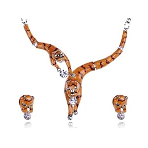 Hand Paint Enamel Orange Stripe Tiger Cat Swarovski Crystal Necklace Earring Set