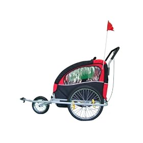 KMS Child 3 In 1 Folded Bike Trailer Stroller Jogger Seat Buggy Lightweight Red Black 1-2 Child 5 Point Harness With Canopy Visible Flag