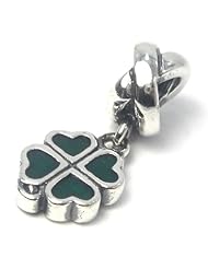 .925 Sterling Silver " 4 Leaf Clover Green Dangle Stamped & Screw Hole " Quality Charm Bead Compatible with Pandora Chamilia Kay Troll Bracelet