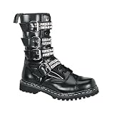 GRAVEL-10, Black Leather 4 Strap with Metal Studs Calf Boot by Demonia by Shoes EHH