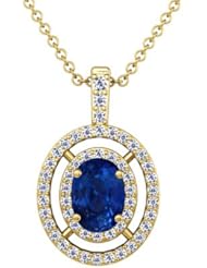 14K Yellow Gold Oval Cut Blue Sapphire And Round Diamond Pendant