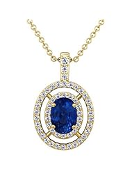 18K Yellow Gold Oval Cut Blue Sapphire And Round Diamond Pendant
