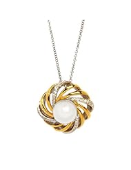 Sterling Silver Two-Tone White Freshwater Cultured Pearl Cubic Zirconia Pendant Necklace, 18"