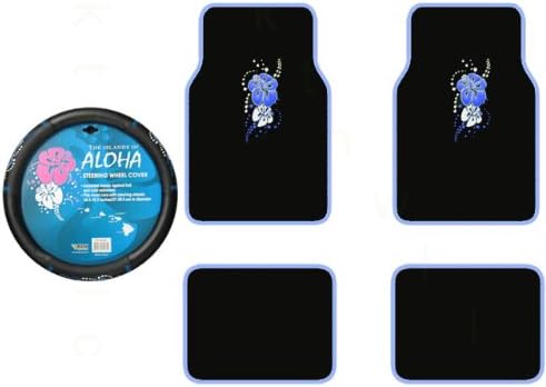 A Set of 4 Universal Fit Hawaiian Aloha Blue Plush Carpet Floor Mats and 1 Comfort Grip Steering Wheel Cover