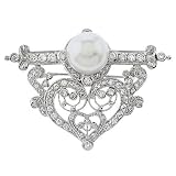 Heirloom Heart Faux Pearl CZ Diamond Silver Brooch