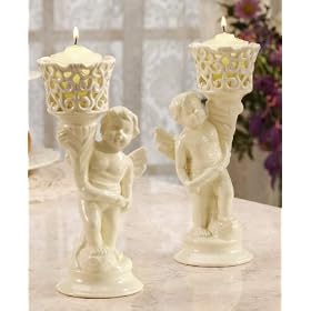 8"" high Pair of Ivory Pierced Ceramic Candle Holders with Angel