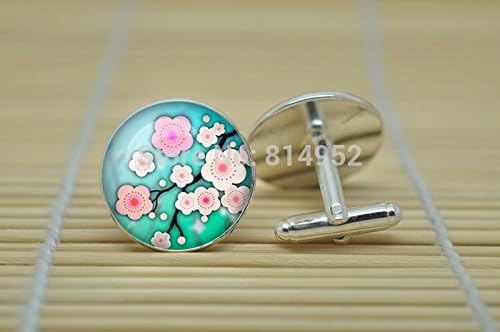 Pretty Lee Sakura Cherry Blossom Jewelry Cufflinks In Silver Glass Cabochon Cuff Links C0847