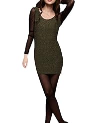Sexy Long Sleeves Stretchy Fitted Backless Mesh Striped Print Polyester Scoop Neck Mini Dress 