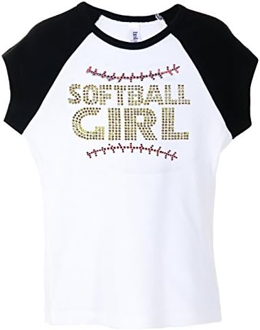 Activewear Apparel Big Girls Softball Girl Rhinestone Baseball Short Sleeve Shirt (Small(6-8), Black/White)