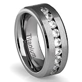 8MM Men's Titanium Ring Wedding Band with Channel Set CZ