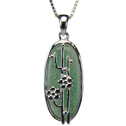 Oval Jade Silver Flowers Platinum Overlay CAREFREE Sterling Silver Pendant Necklace 18"