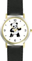 Baby Giant Panda or Panda Bear Animal - WATCHBUDDY&reg; DELUXE TWO-TONE THEME WATCH - Arabic Numbers - Black Leather Strap-Women's Size-Small