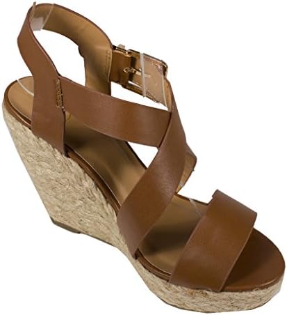 Delicious Women's Baymist Criss-Cross Strappy Open Toe Platform Espadrille Wedge Sandal with Ankle Buckle, dark tan leatherette, 6.5 M US