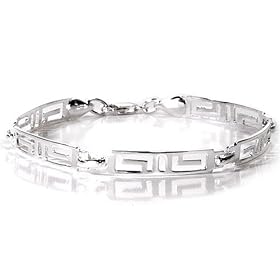 Sterling Silver Rectangular Greek Key Design Linked 7 1/8in Bracelet