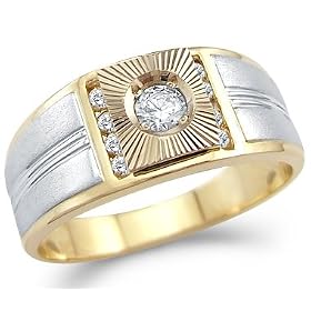 Solid 14k Yellow and White Gold Mens Wedding CZ Cubic Zirconia Solitaire Ring 0.5 ct