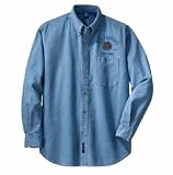 Personalized custom embroidered Fly Fishing & reel design on denim shirt