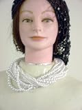 Sn51, Hand Crocheted Black Gimp Large Snood Trimmed with Rhinestones for Women in Combination with Twelve Strand White Pearl Necklace